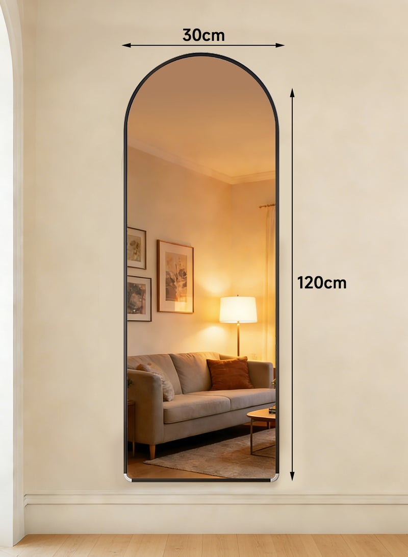 أركايوبتيركس مرآة بطول 120 × 30 سم مع قمة مقوسة وحواف مستديرة - للتثبيت على الحائط أو الإسناد على الحائط، إطار أسود لغرفة المعيشة وغرفة النوم وغرفة الملابس (أسود) - Image 1